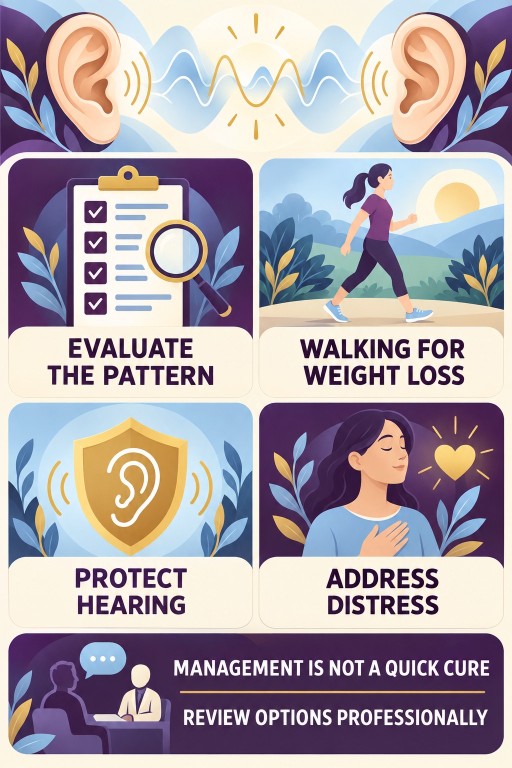 Realistic Tinnitus Management infographic for Walking for Weight Loss with four concise tinnitus-awareness points.