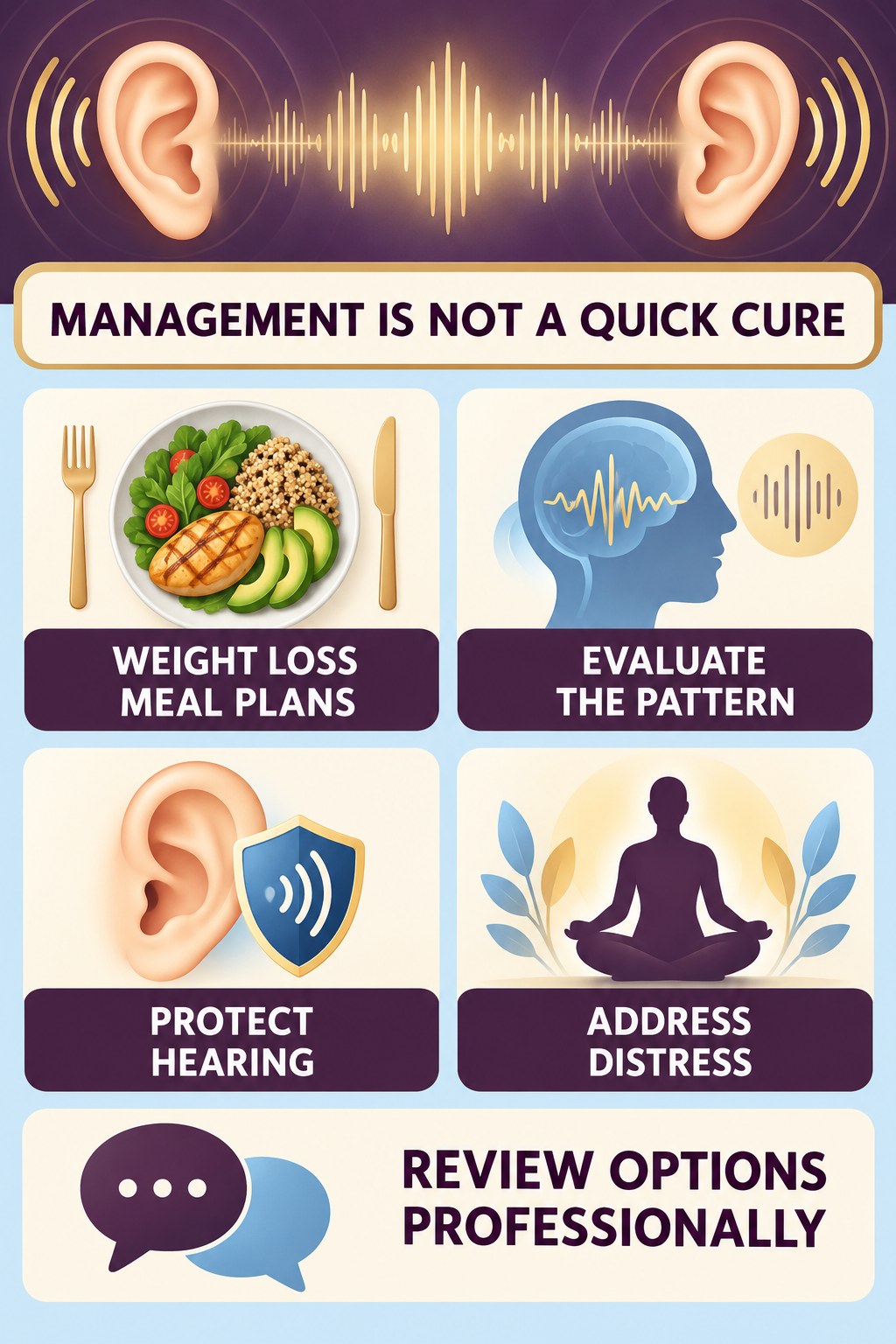 Realistic Tinnitus Management infographic for Weight Loss Meal Plans with four concise tinnitus-awareness points.