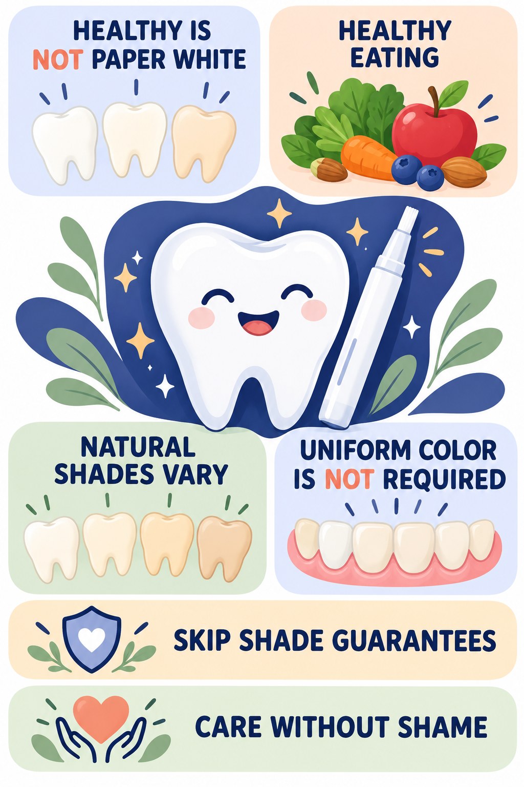 Realistic Whitening Goals infographic for Healthy Eating with four concise whitening-gel-pen safety points.