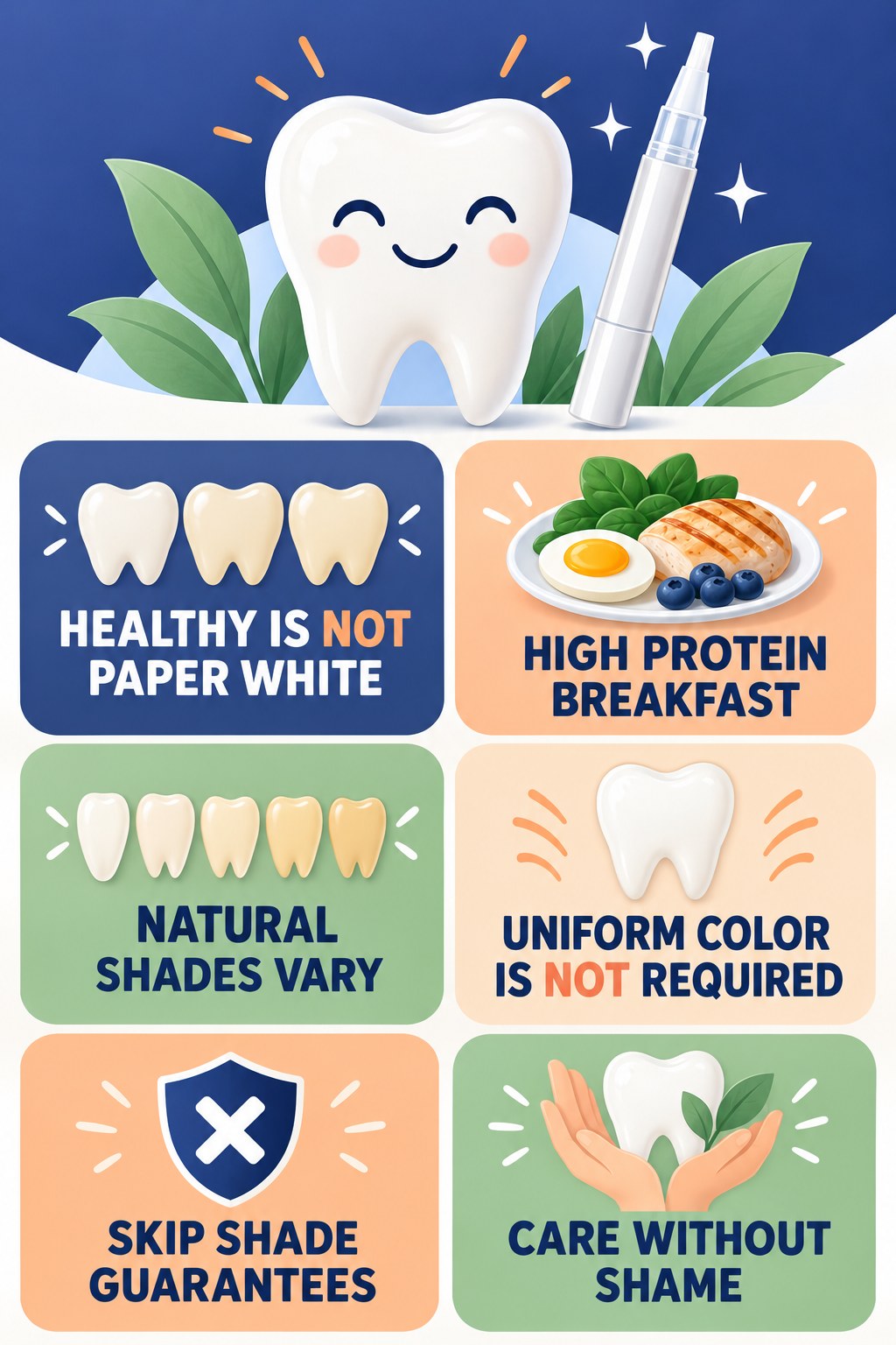 Realistic Whitening Goals infographic for High Protein Breakfast with four concise whitening-gel-pen safety points.