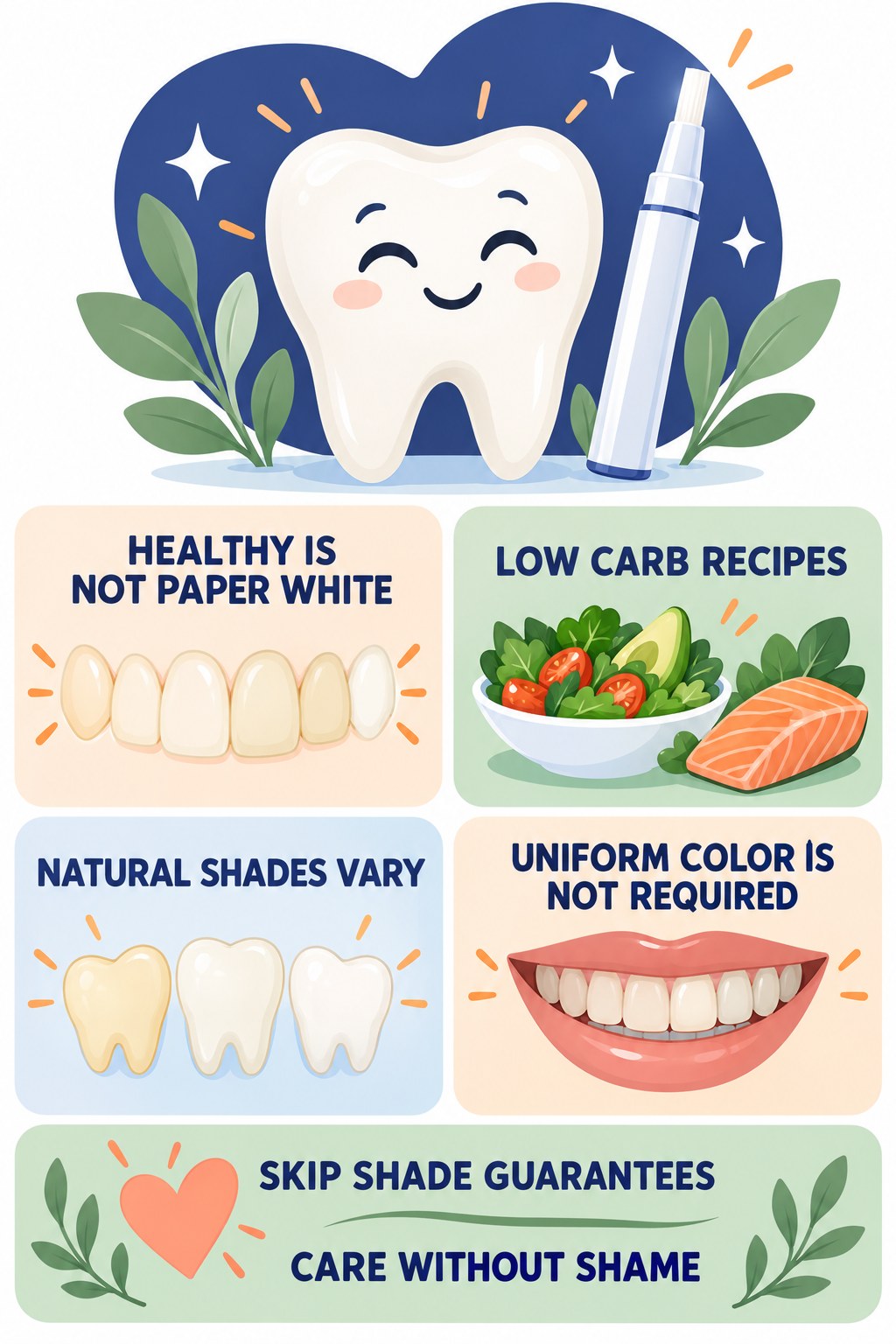 Realistic Whitening Goals infographic for Low Carb Recipes with four concise whitening-gel-pen safety points.
