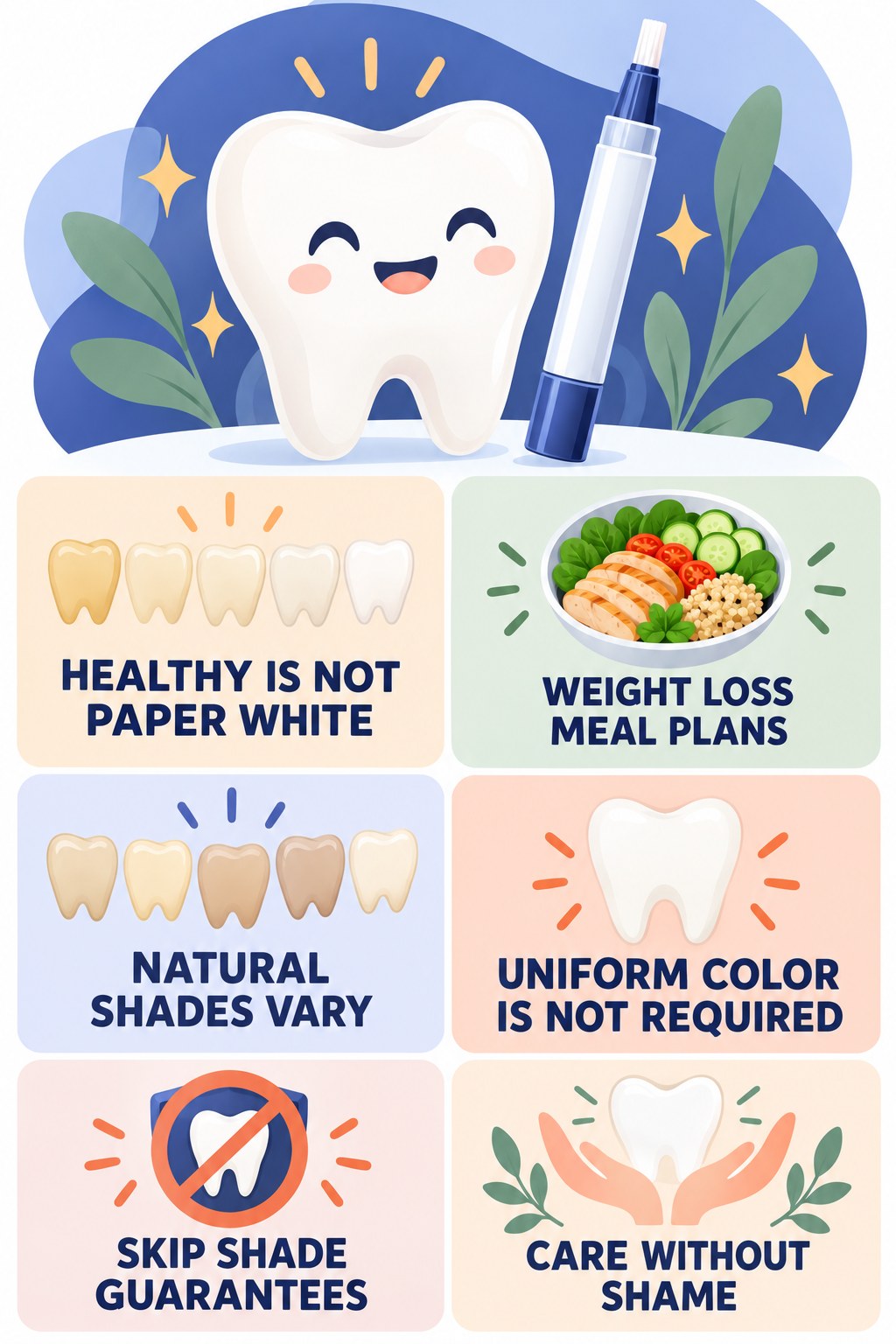 Realistic Whitening Goals infographic for Weight Loss Meal Plans with four concise whitening-gel-pen safety points.