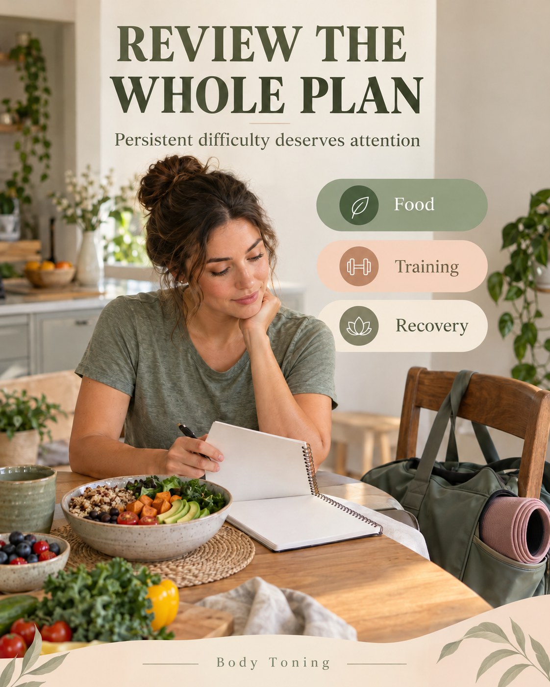 An adult reviewing a simple notebook at a table with a complete meal and workout bag nearby.