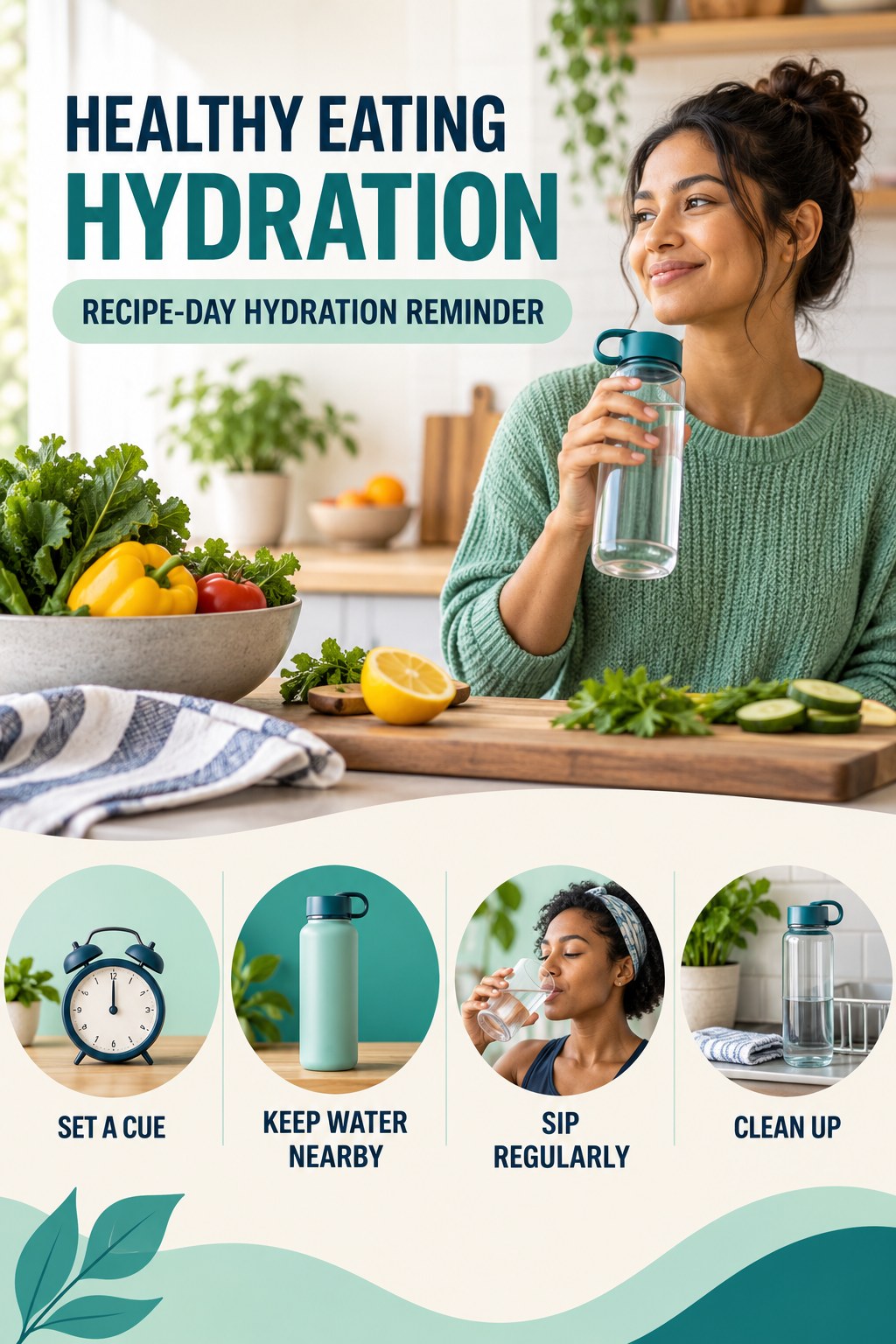 Healthy Eating hydration graphic titled Recipe-Day Hydration Reminder with four flexible water-habit prompts and no fixed intake target.