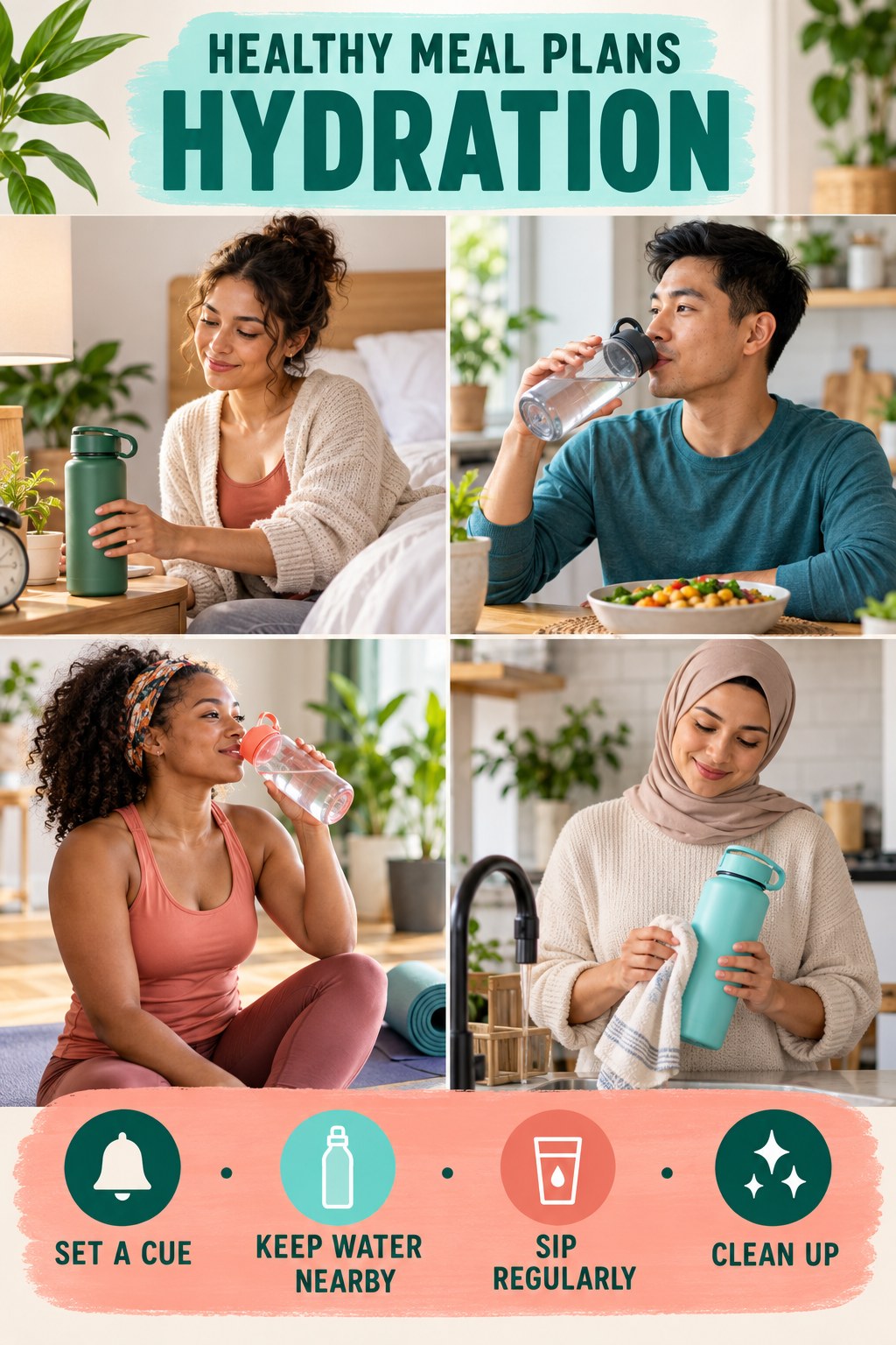 Healthy Meal Plans hydration graphic titled Recipe-Day Hydration Reminder with four flexible water-habit prompts and no fixed intake target.