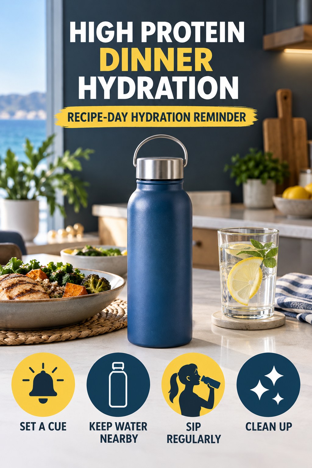 High Protein Dinner hydration graphic titled Recipe-Day Hydration Reminder with four flexible water-habit prompts and no fixed intake target.