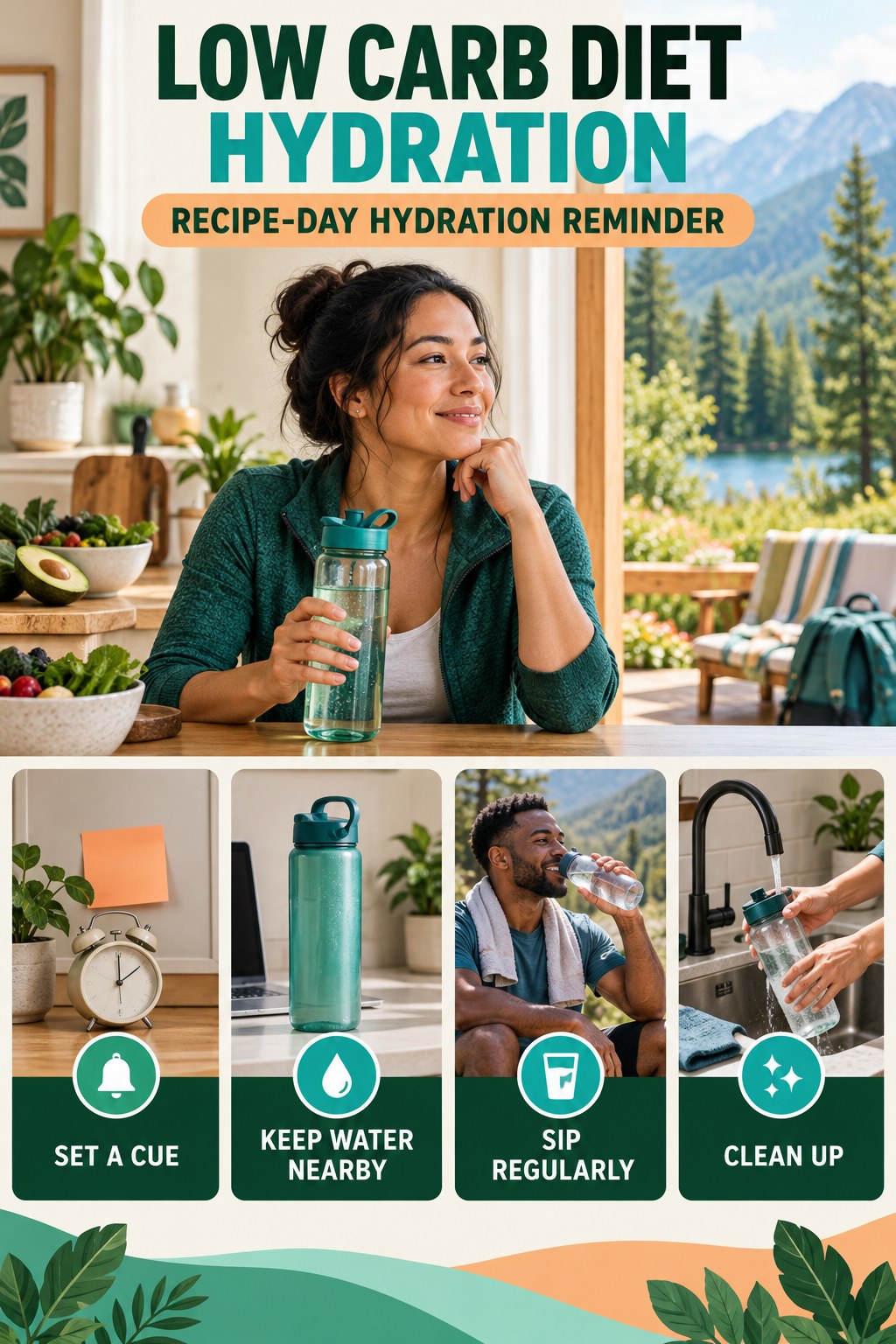 Low Carb Diet hydration graphic titled Recipe-Day Hydration Reminder with four flexible water-habit prompts and no fixed intake target.