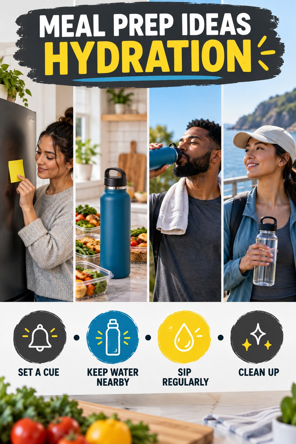 Meal Prep Ideas hydration graphic titled Recipe-Day Hydration Reminder with four flexible water-habit prompts and no fixed intake target.