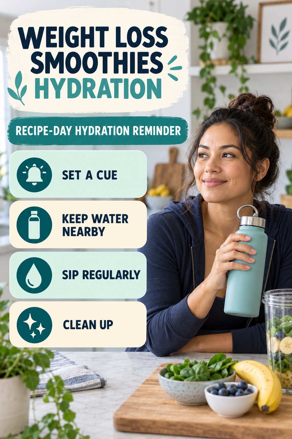 Weight Loss Smoothies hydration graphic titled Recipe-Day Hydration Reminder with four flexible water-habit prompts and no fixed intake target.