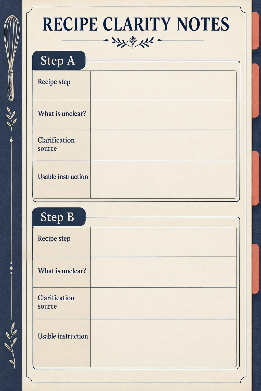 Blank recipe clarity notebook with two step review sections and fields for questions, sources, and usable instructions.