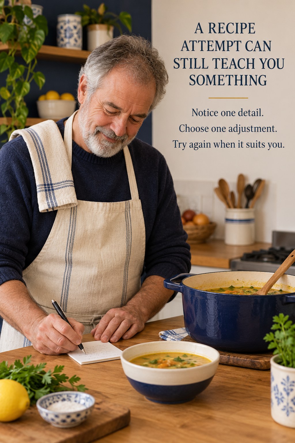 A home cook making a short note beside a pot and a bowl of vegetable soup.