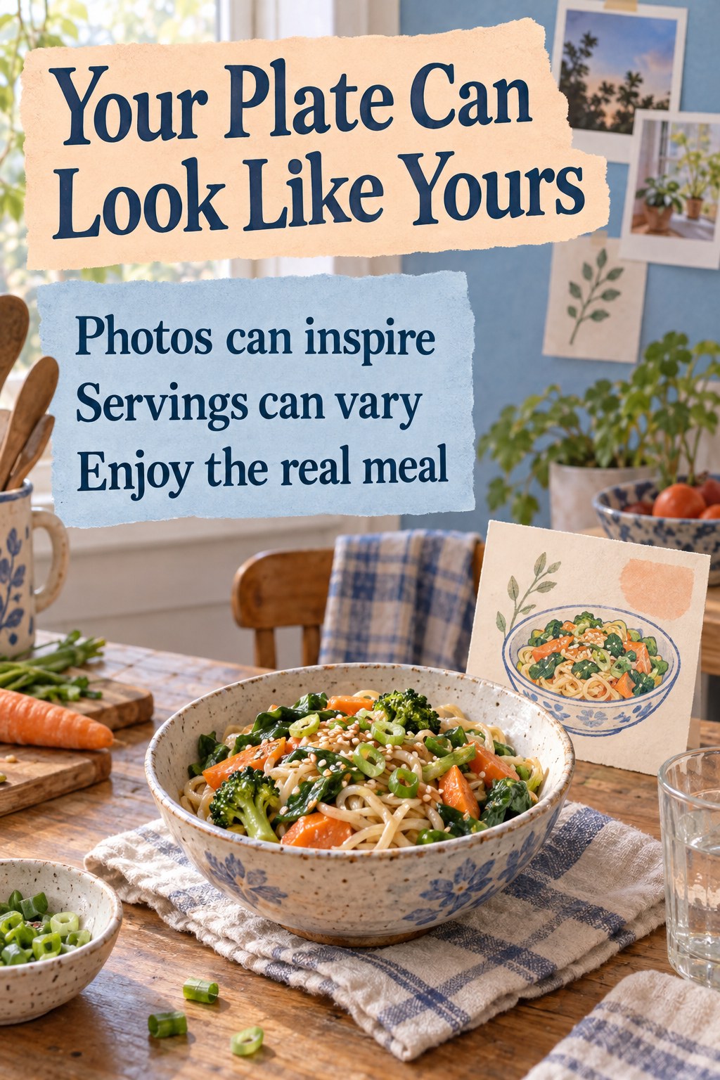 An ordinary homemade noodle meal beside a recipe card with the headline Your Plate Can Look Like Yours.