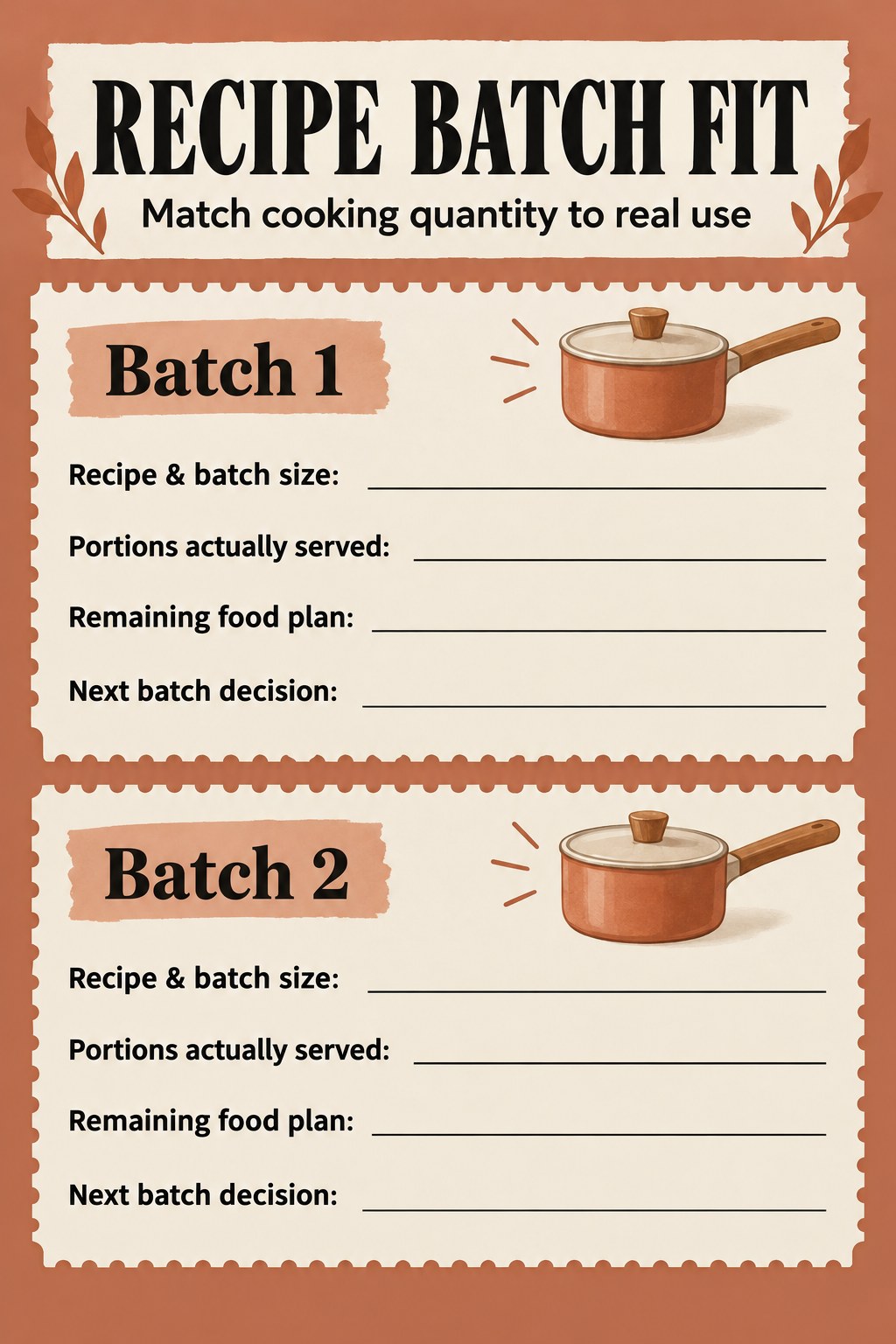 Two blank recipe batch review receipts for batch size, servings used, remaining food plan, and next batch decision.