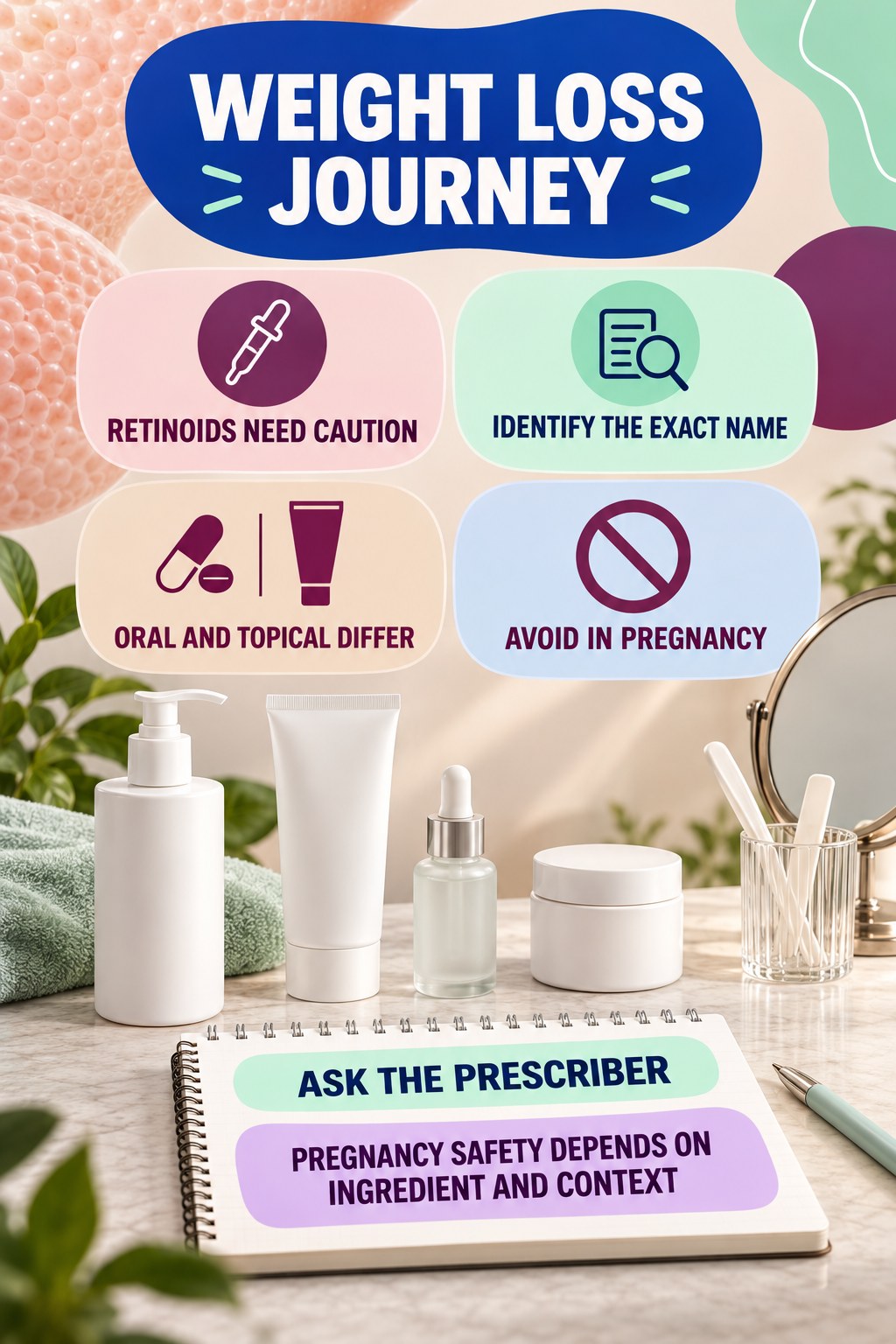 Recognize Retinoid Family Questions pregnancy skincare ingredient-question infographic for Weight Loss Journey with four careful label-review points.