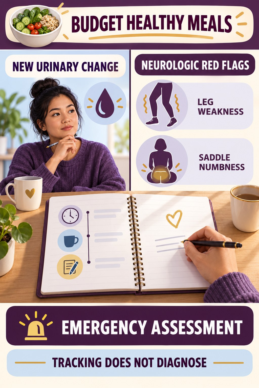Recognize Urinary and Neurologic Red Flags urinary symptom tracking infographic for Budget Healthy Meals with four practical diary points and a non-diagnostic reminder.