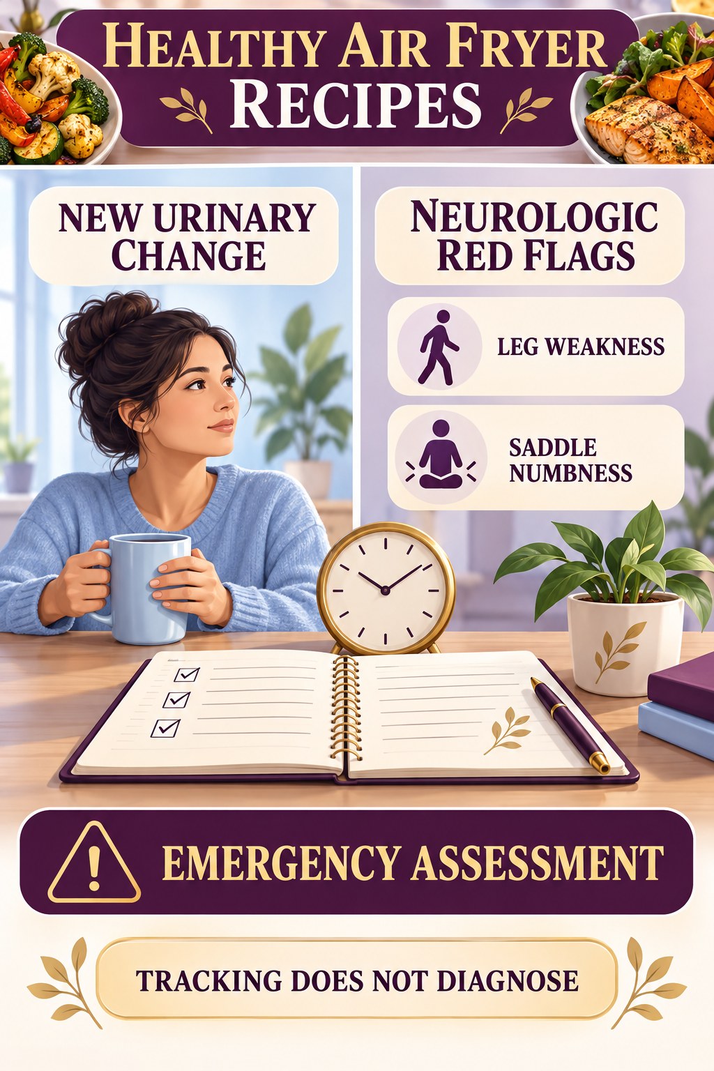 Recognize Urinary and Neurologic Red Flags urinary symptom tracking infographic for Healthy Air Fryer Recipes with four practical diary points and a non-diagnostic reminder.