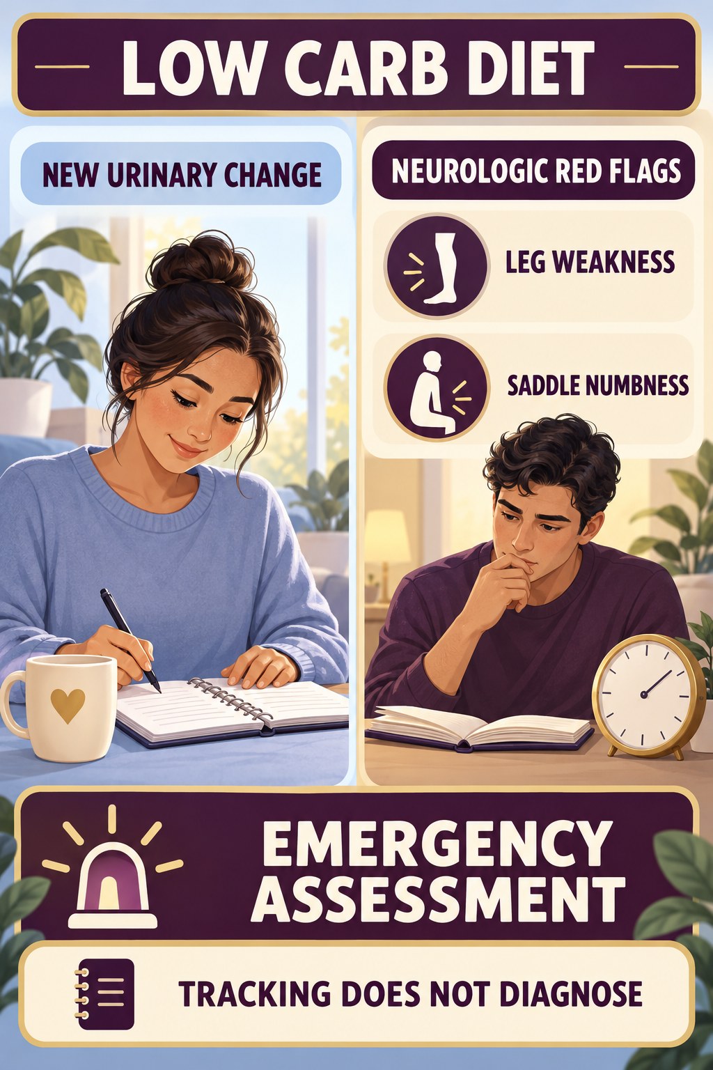 Recognize Urinary and Neurologic Red Flags urinary symptom tracking infographic for Low Carb Diet with four practical diary points and a non-diagnostic reminder.