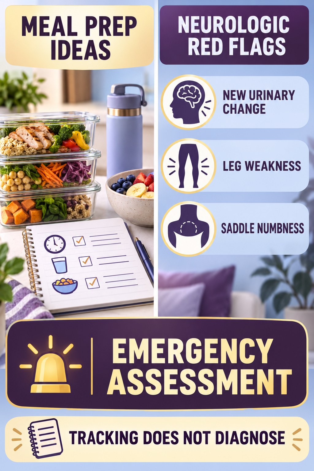 Recognize Urinary and Neurologic Red Flags urinary symptom tracking infographic for Meal Prep Ideas with four practical diary points and a non-diagnostic reminder.