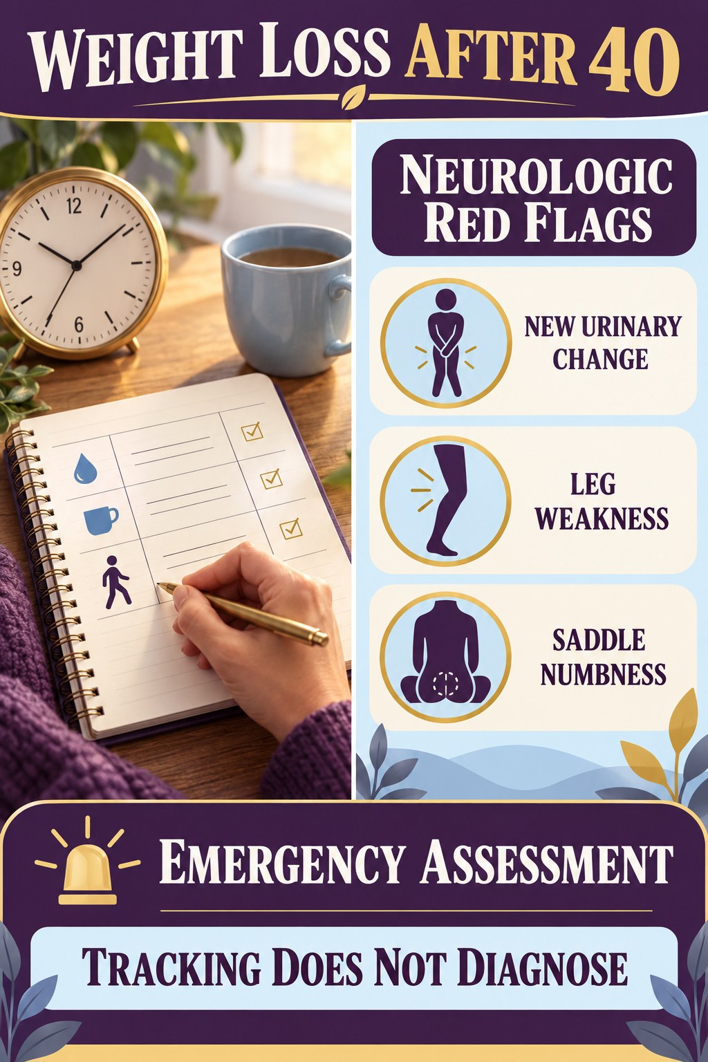 Recognize Urinary and Neurologic Red Flags urinary symptom tracking infographic for Weight Loss After 40 with four practical diary points and a non-diagnostic reminder.