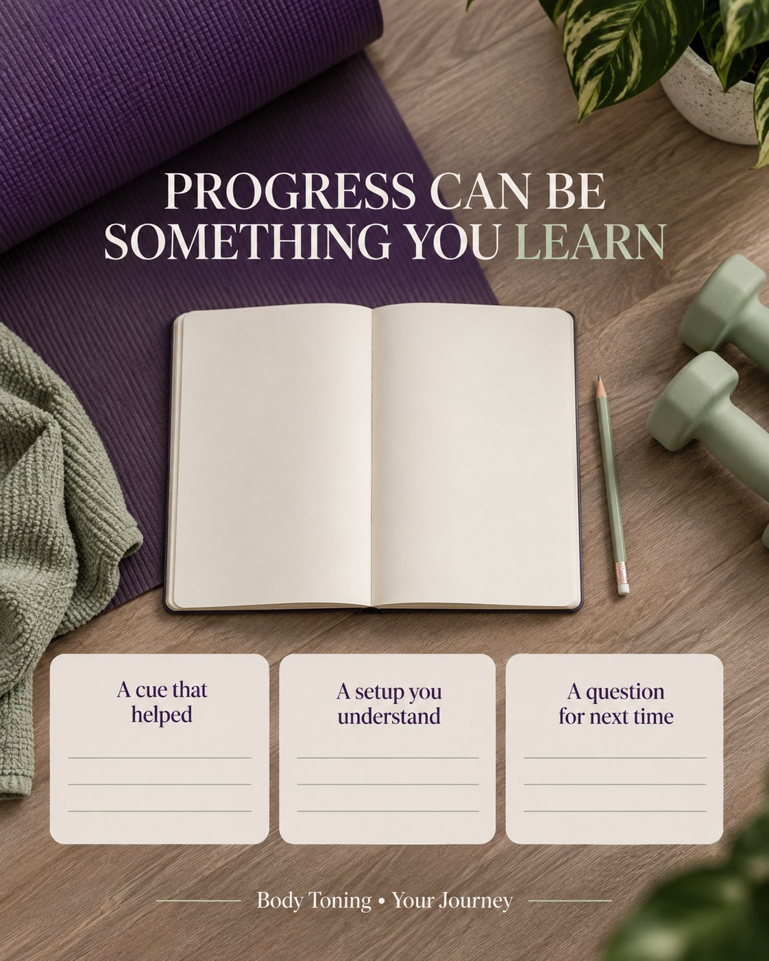 A notebook beside a workout mat and dumbbells with prompts to record learning and useful adjustments.