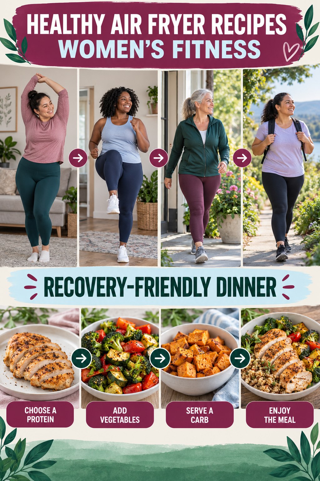 Healthy Air Fryer Recipes women’s fitness graphic titled Recovery-Friendly Dinner with four practical training prompts.
