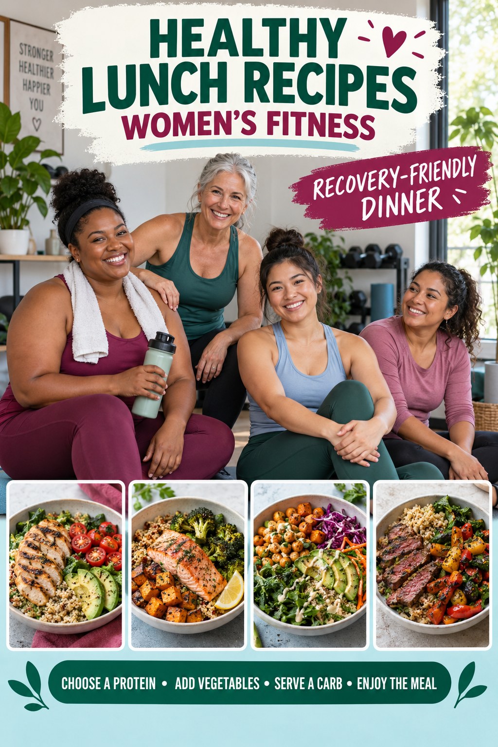 Healthy Lunch Recipes women’s fitness graphic titled Recovery-Friendly Dinner with four practical training prompts.