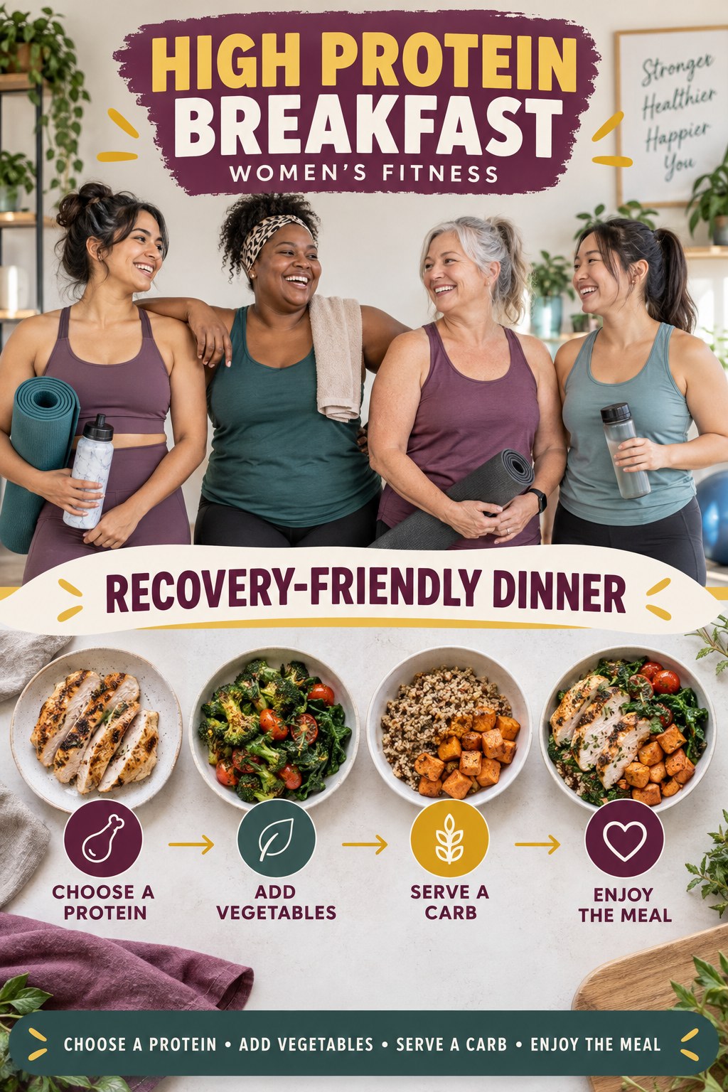 High Protein Breakfast women’s fitness graphic titled Recovery-Friendly Dinner with four practical training prompts.