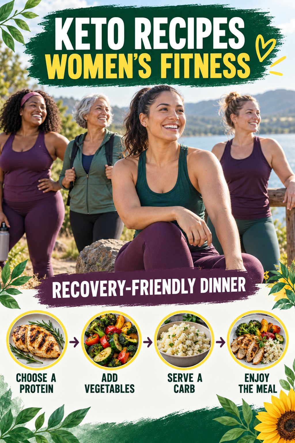 Keto Recipes women’s fitness graphic titled Recovery-Friendly Dinner with four practical training prompts.
