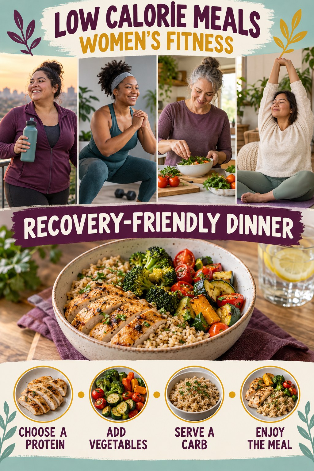 Low Calorie Meals women’s fitness graphic titled Recovery-Friendly Dinner with four practical training prompts.