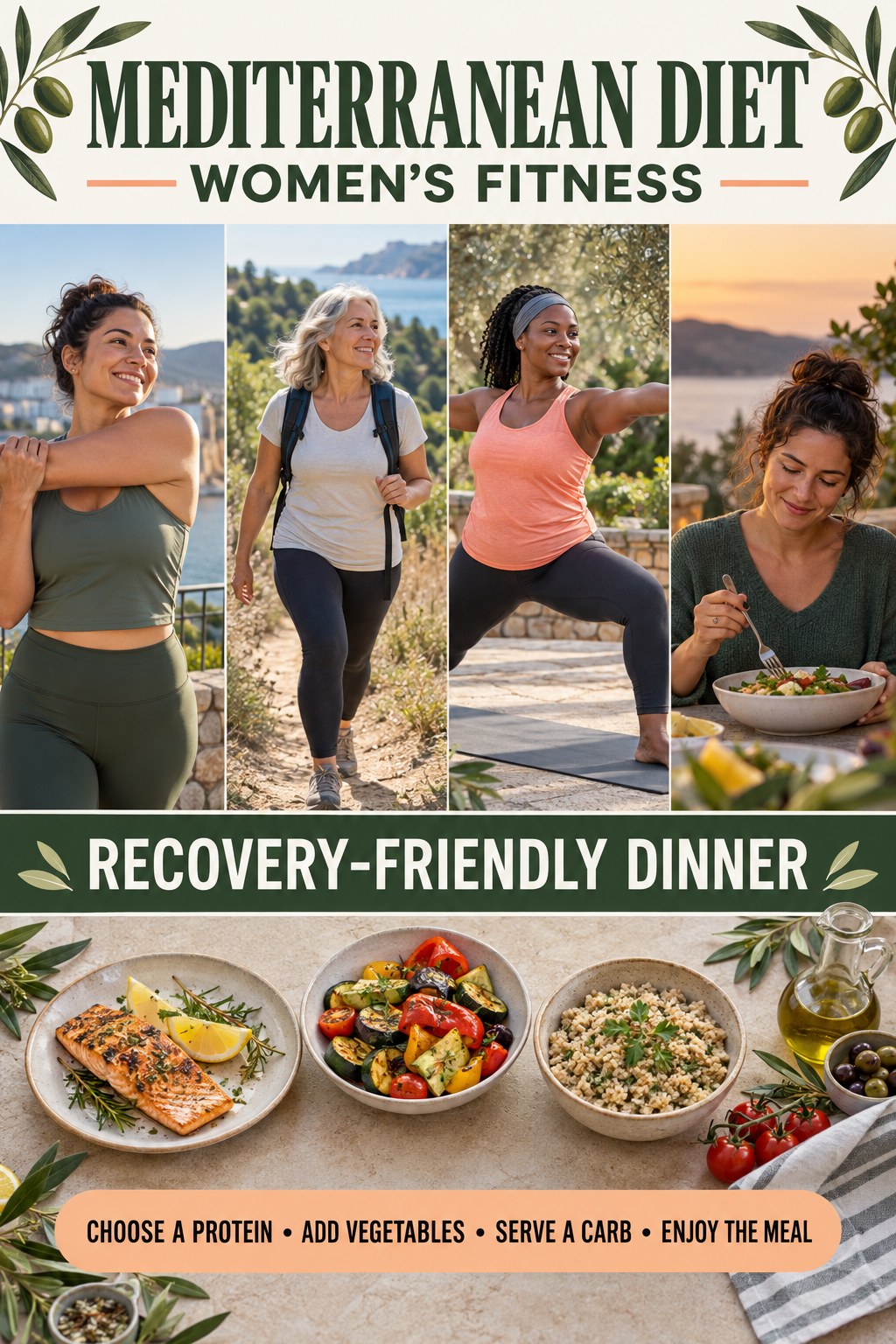 Mediterranean Diet women’s fitness graphic titled Recovery-Friendly Dinner with four practical training prompts.