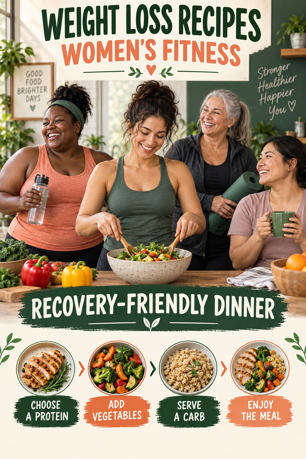 Weight Loss Recipes women’s fitness graphic titled Recovery-Friendly Dinner with four practical training prompts.