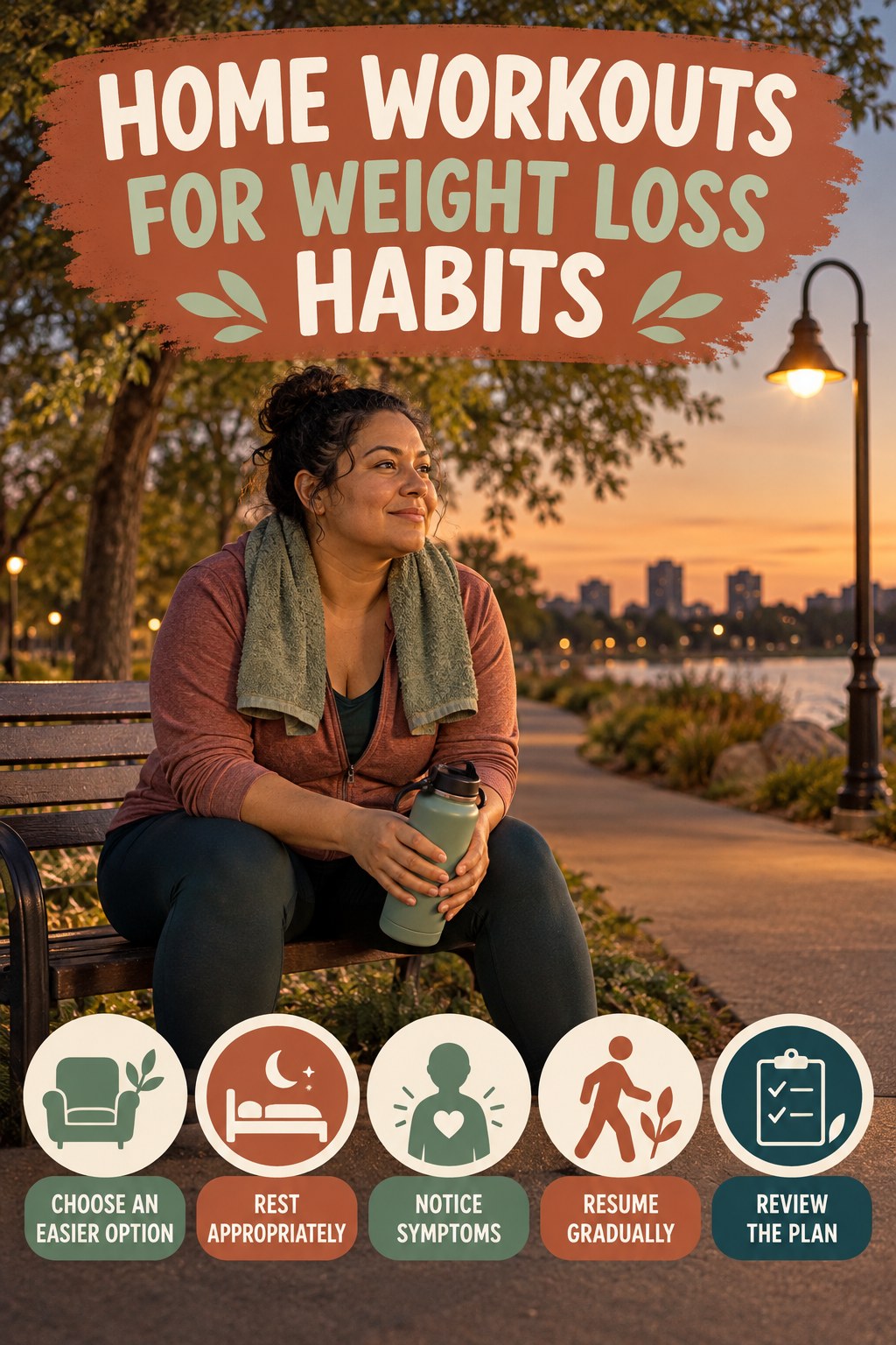 Recovery Habits for Home Workouts for Weight Loss with five readable habit cues and a realistic board-relevant wellness scene.