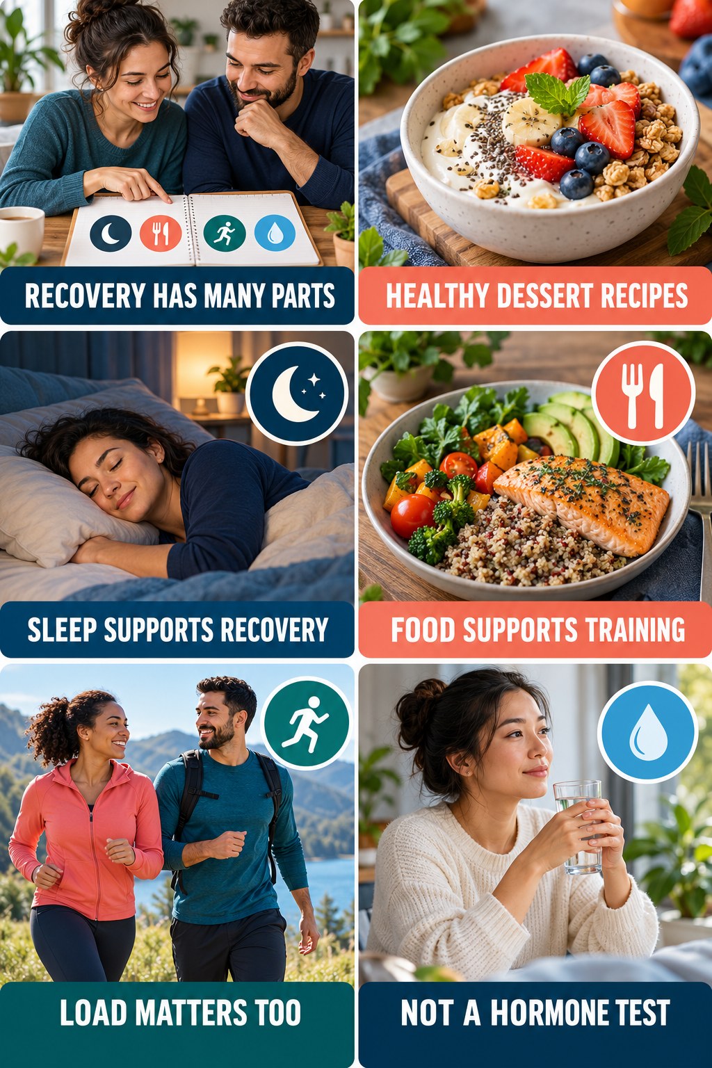 Recovery Needs Sleep, Food, and Context natural-energy and hormone-health-literacy infographic for Healthy Dessert Recipes with four practical checks.