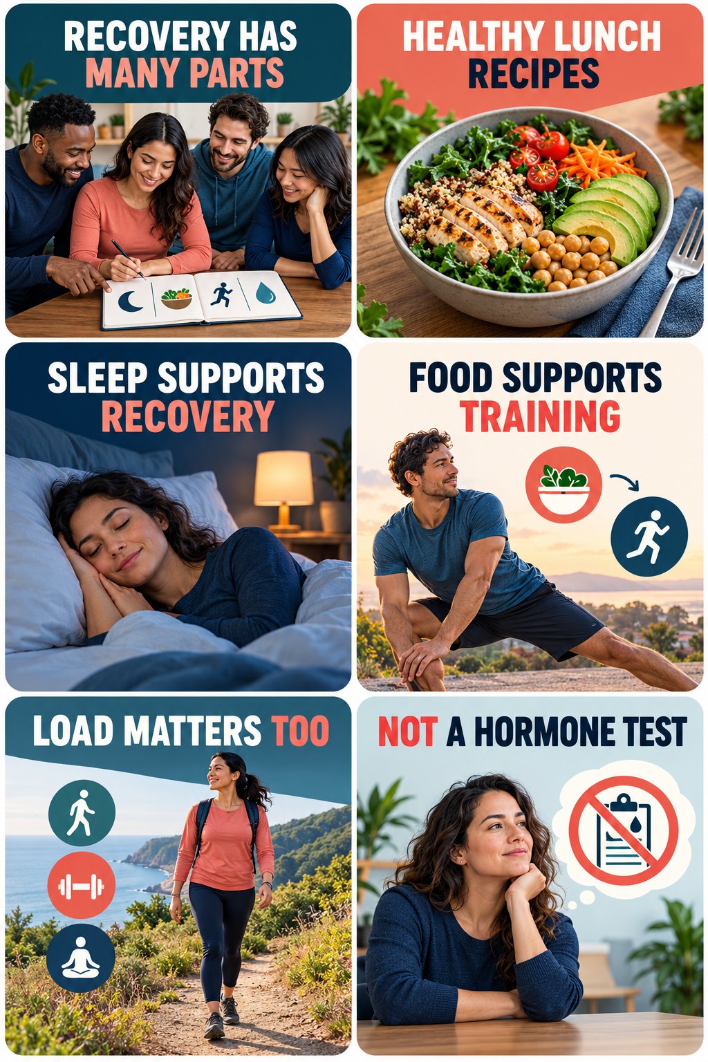 Recovery Needs Sleep, Food, and Context natural-energy and hormone-health-literacy infographic for Healthy Lunch Recipes with four practical checks.