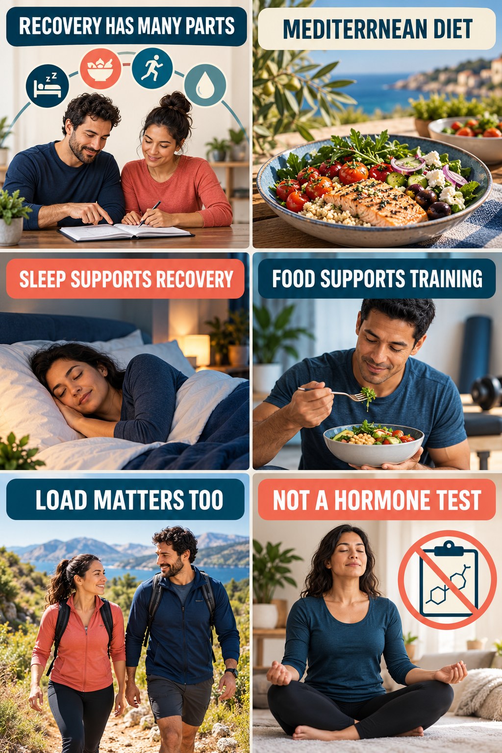 Recovery Needs Sleep, Food, and Context natural-energy and hormone-health-literacy infographic for Mediterranean Diet with four practical checks.