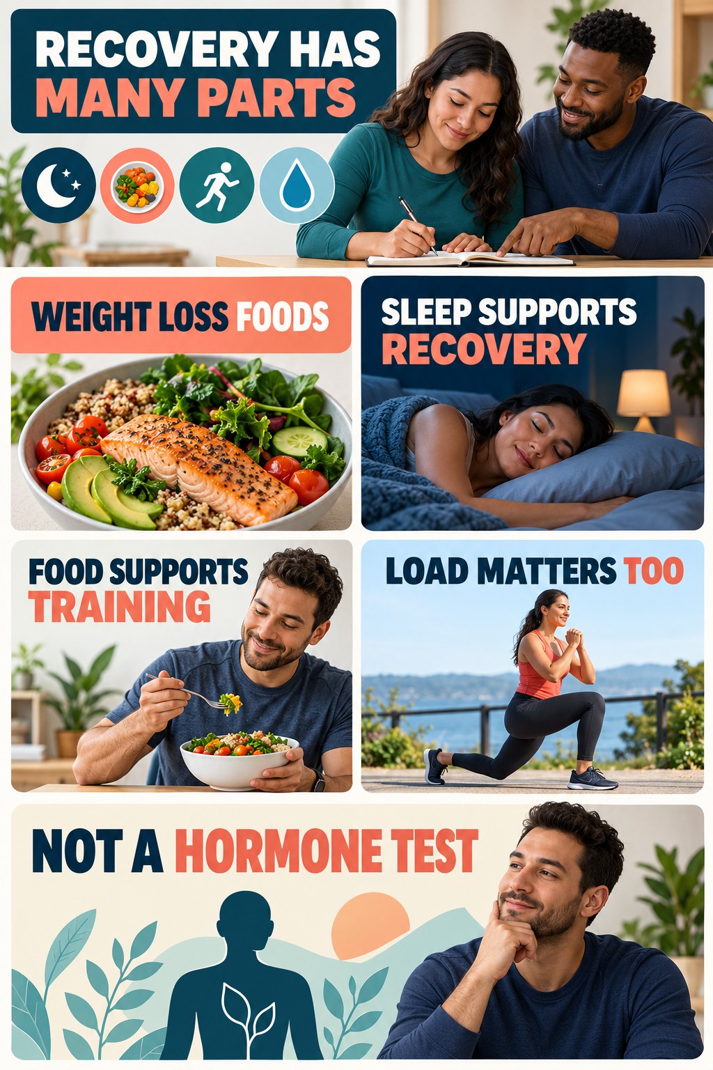 Recovery Needs Sleep, Food, and Context natural-energy and hormone-health-literacy infographic for Weight Loss Foods with four practical checks.