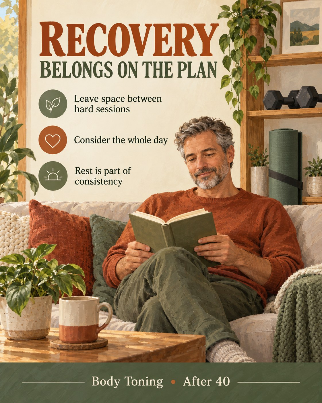 A middle-aged man resting comfortably on a sofa with a book while workout equipment is stored neatly nearby.