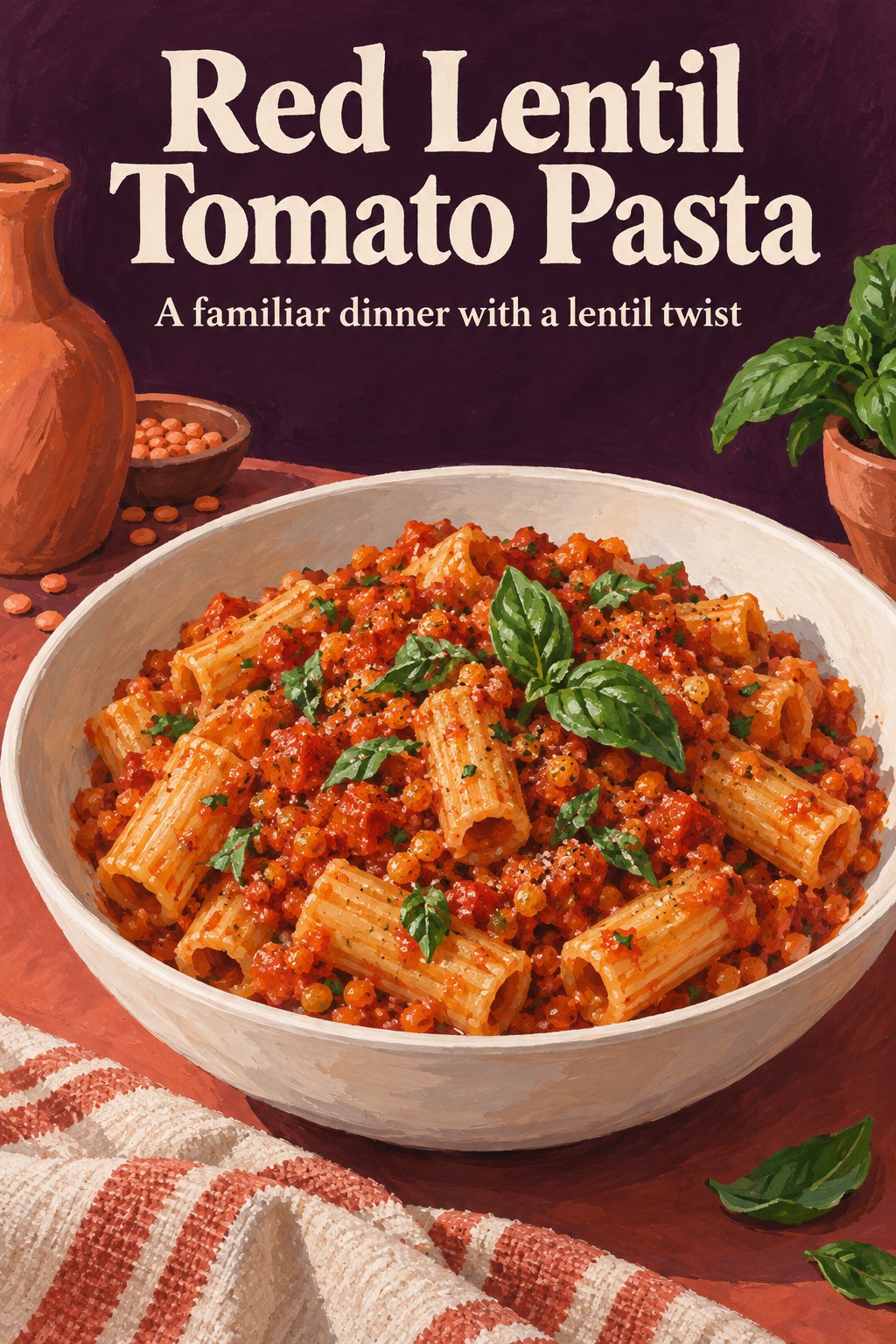 Pasta coated with red lentil tomato sauce and basil in a wide white bowl.