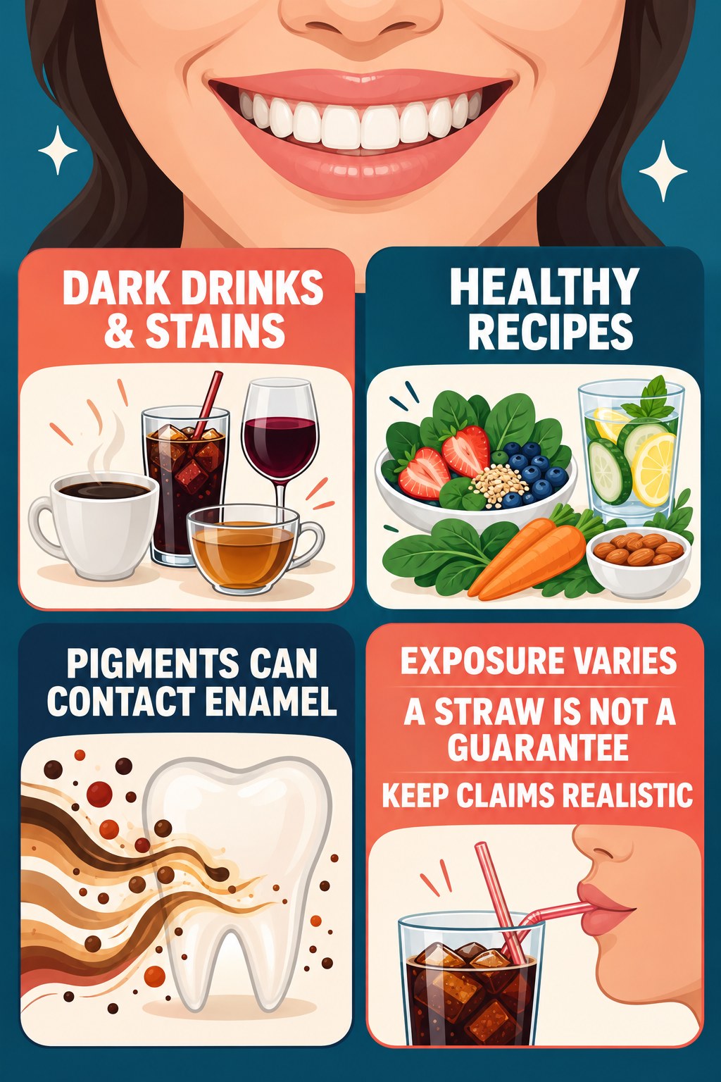 Red Wine and Dark Drink Stain Awareness infographic for Healthy Recipes with four concise tooth-discoloration safety points.