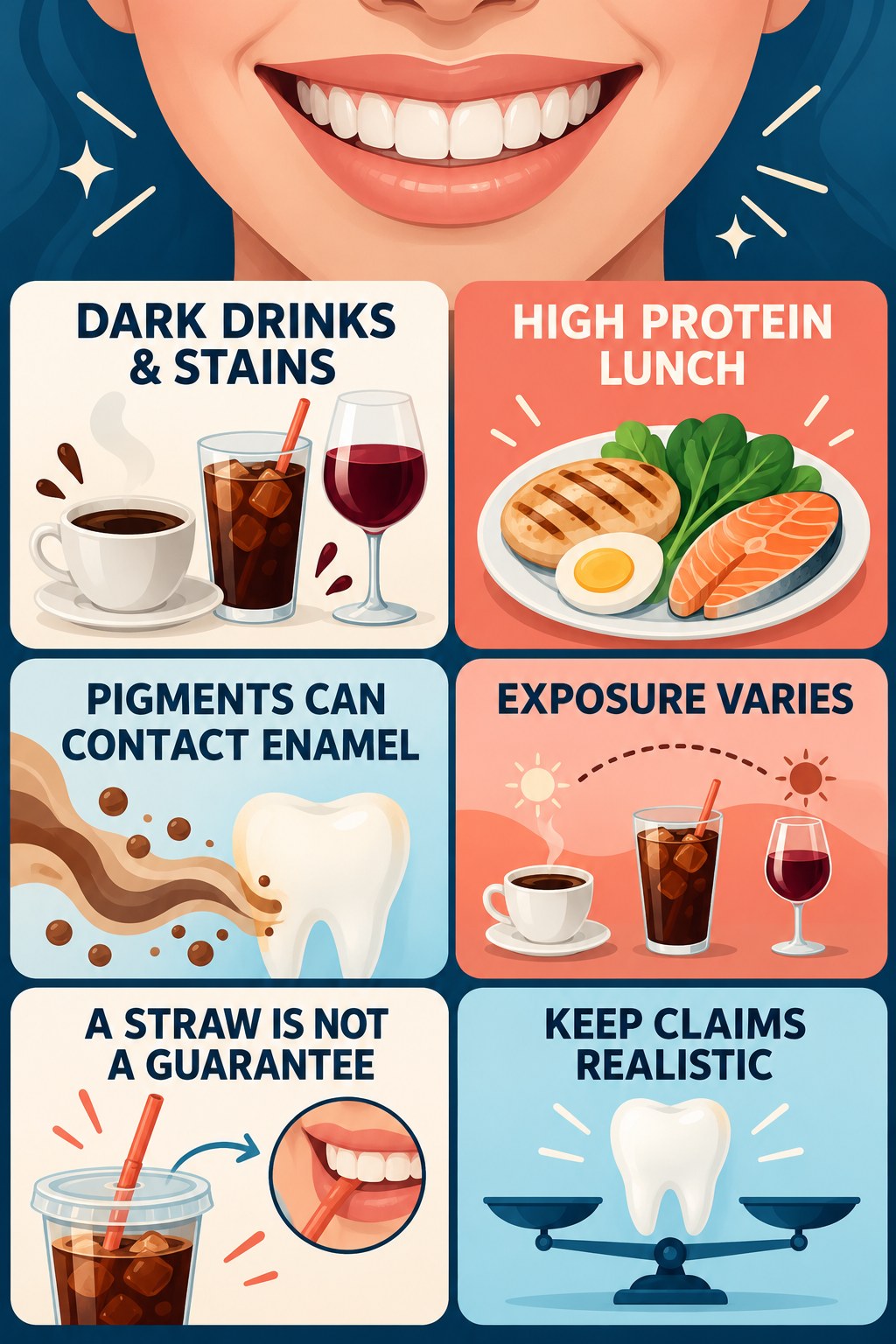 Red Wine and Dark Drink Stain Awareness infographic for High Protein Lunch with four concise tooth-discoloration safety points.