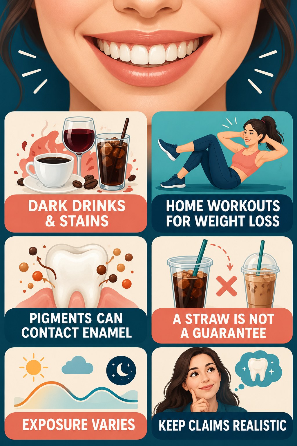 Red Wine and Dark Drink Stain Awareness infographic for Home Workouts for Weight Loss with four concise tooth-discoloration safety points.