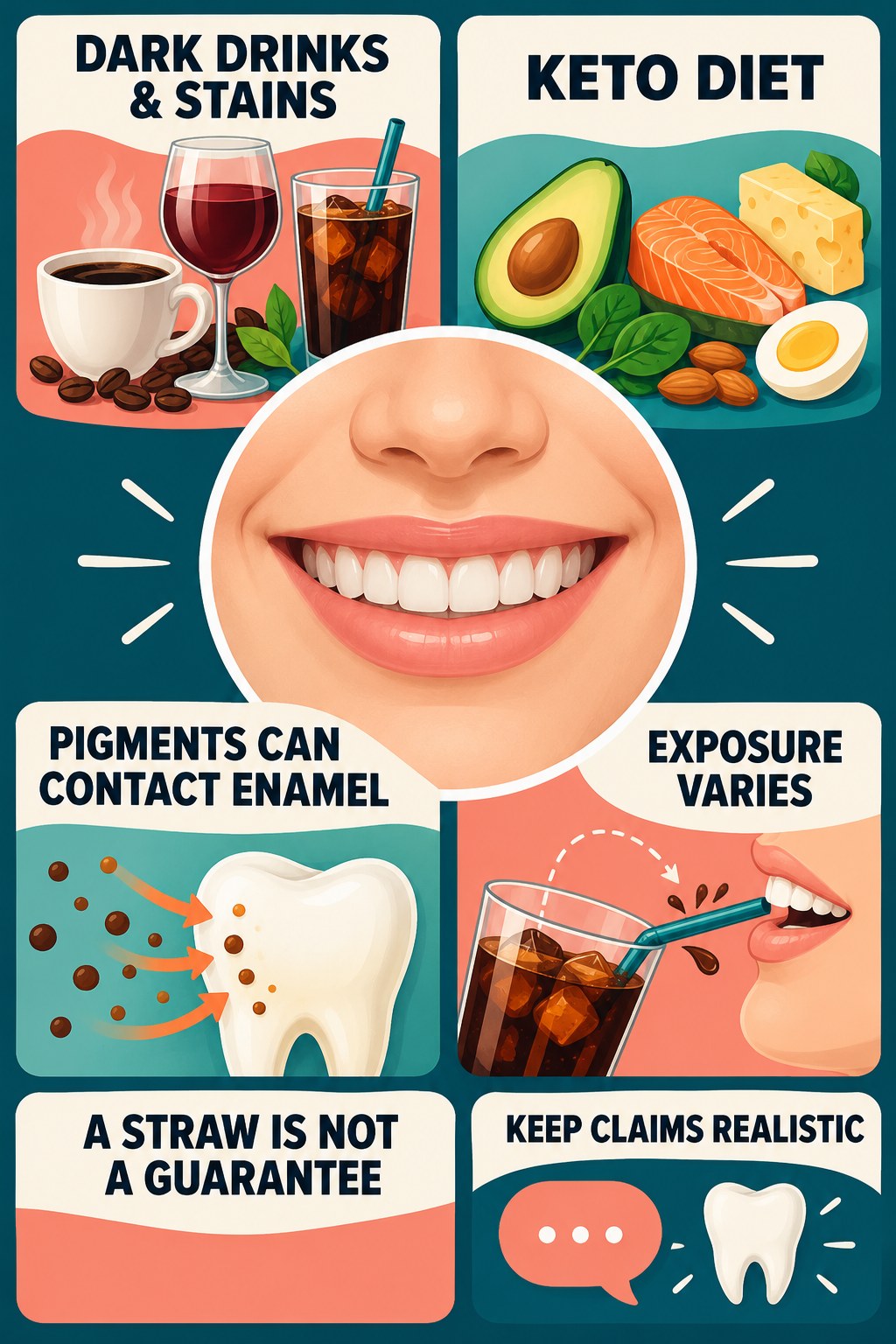 Red Wine and Dark Drink Stain Awareness infographic for Keto Diet with four concise tooth-discoloration safety points.