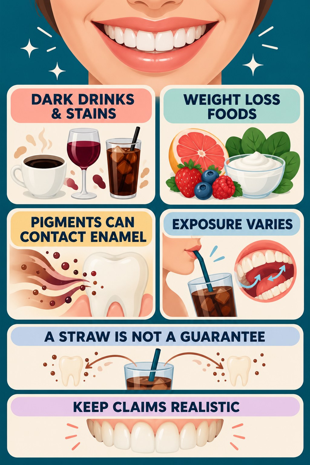 Red Wine and Dark Drink Stain Awareness infographic for Weight Loss Foods with four concise tooth-discoloration safety points.
