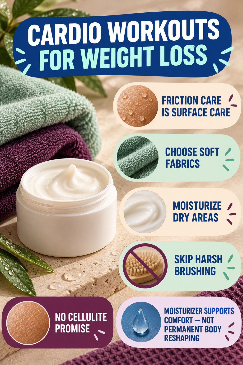 Reduce Friction Without Cellulite or Detox Claims body-moisturization infographic for Cardio Workouts for Weight Loss with four body-neutral comfort actions.