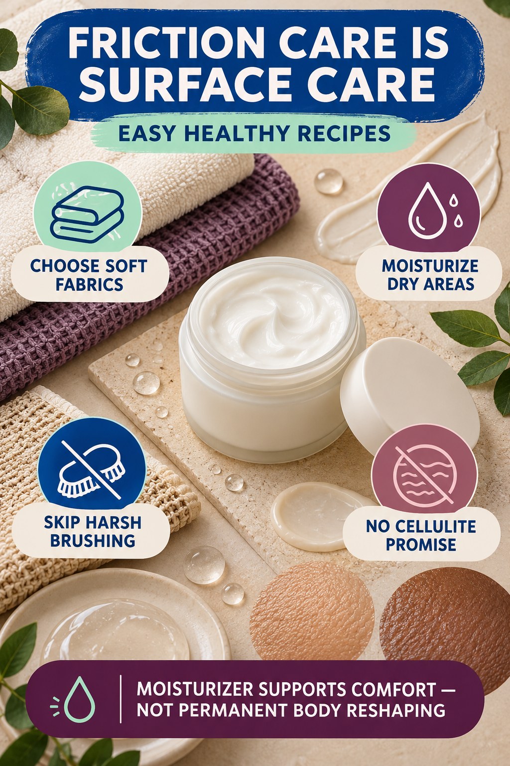Reduce Friction Without Cellulite or Detox Claims body-moisturization infographic for Easy Healthy Recipes with four body-neutral comfort actions.