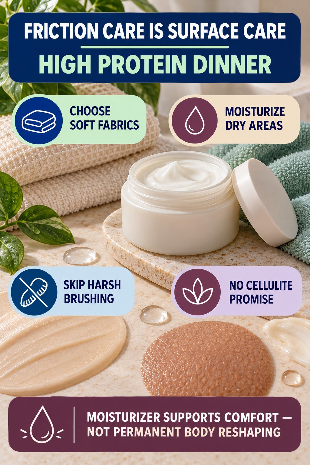 Reduce Friction Without Cellulite or Detox Claims body-moisturization infographic for High Protein Dinner with four body-neutral comfort actions.