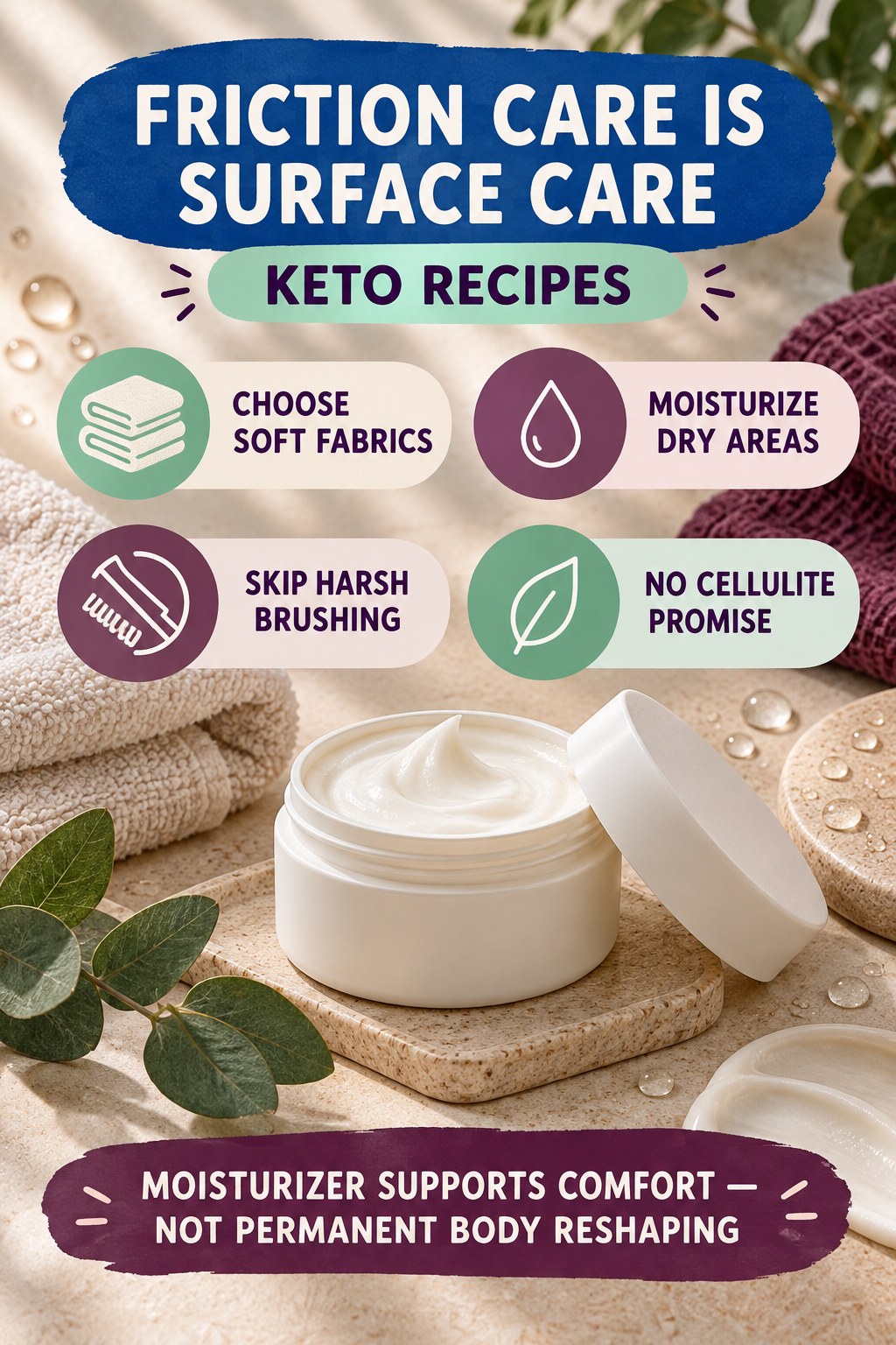 Reduce Friction Without Cellulite or Detox Claims body-moisturization infographic for Keto Recipes with four body-neutral comfort actions.