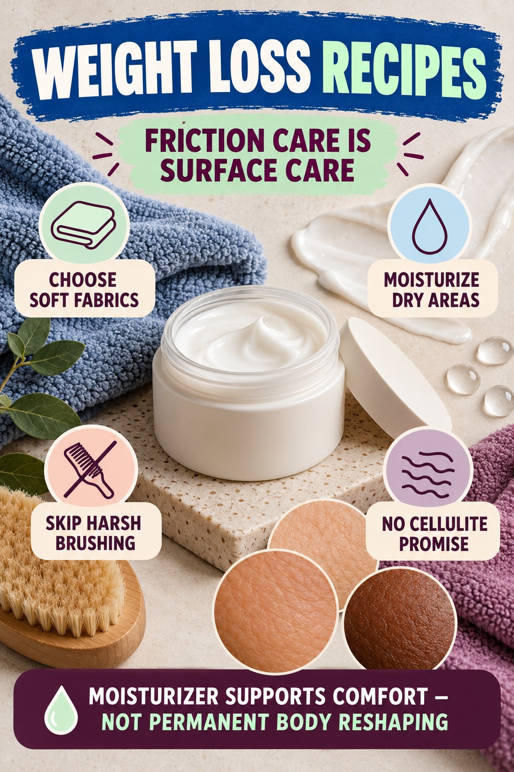 Reduce Friction Without Cellulite or Detox Claims body-moisturization infographic for Weight Loss Recipes with four body-neutral comfort actions.