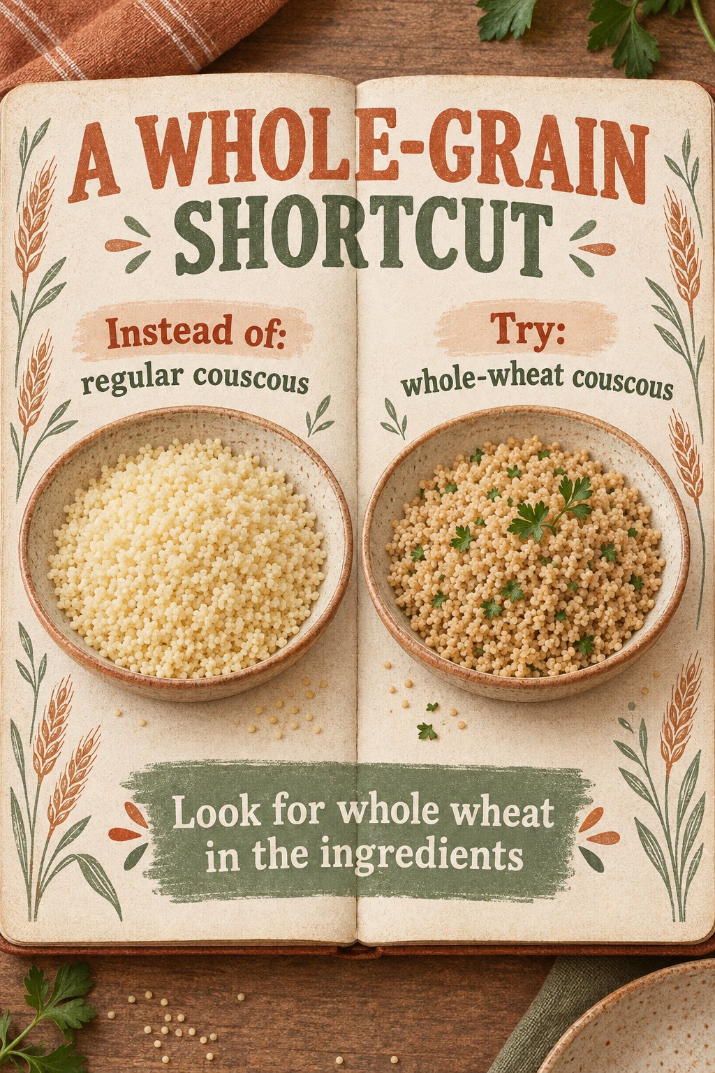 Regular couscous and whole-wheat couscous in similar bowls on an illustrated recipe notebook with whole-grain labels.