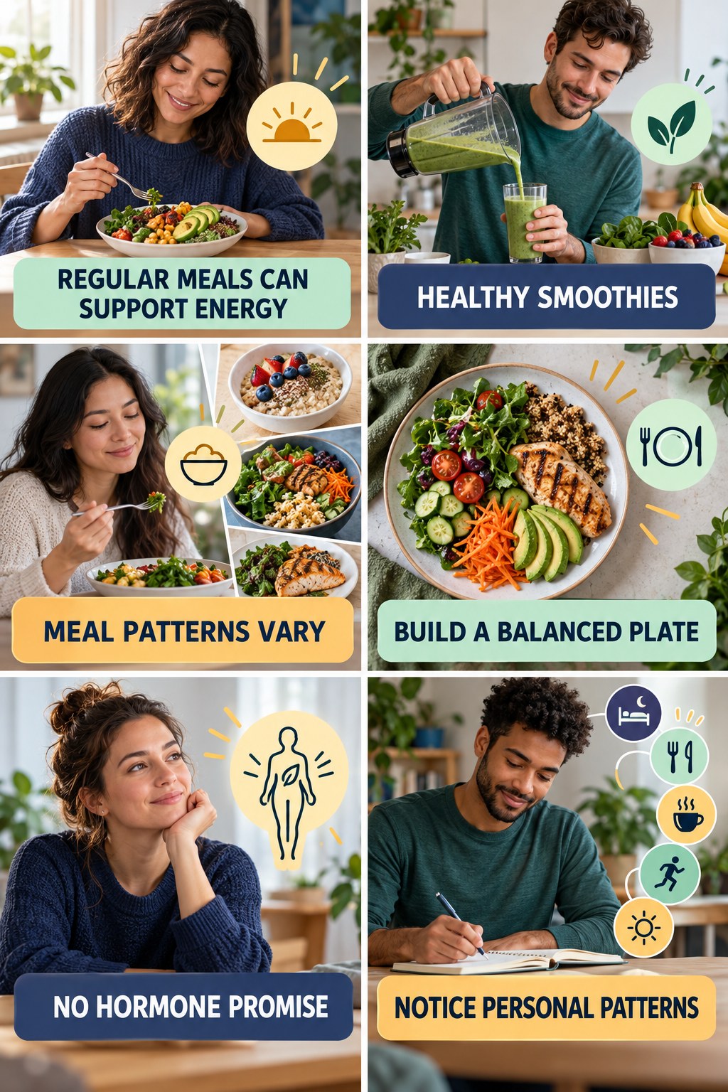 Regular Meals Can Support Daily Energy natural-energy and hormone-health-literacy infographic for Healthy Smoothies with four practical checks.